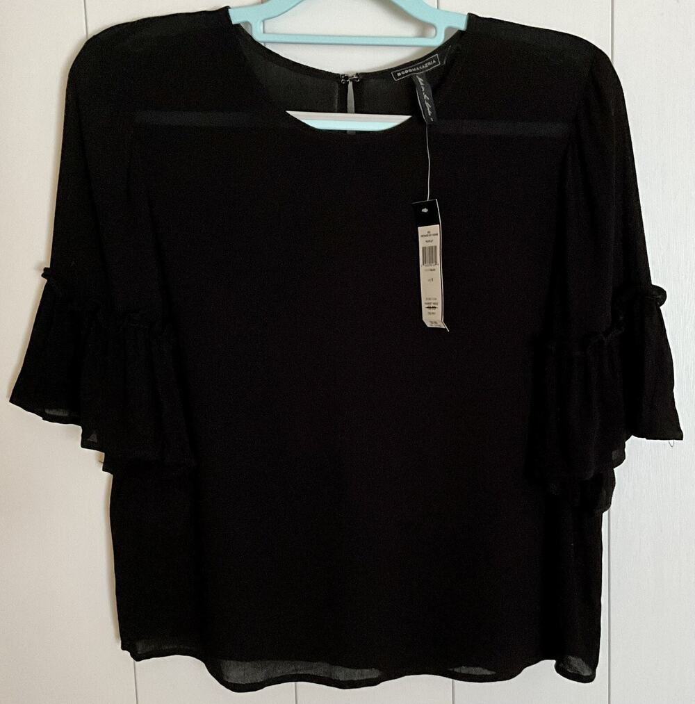 BCBG Maxarzia Black Ruffle Blouse Top Size Small - BNWT